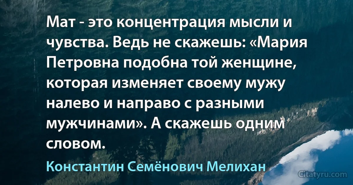 Мат - это концентрация мысли и чувства. Ведь не скажешь: «Мария Петровна подобна той женщине, которая изменяет своему мужу налево и направо с разными мужчинами». А скажешь одним словом. (Константин Семёнович Мелихан)