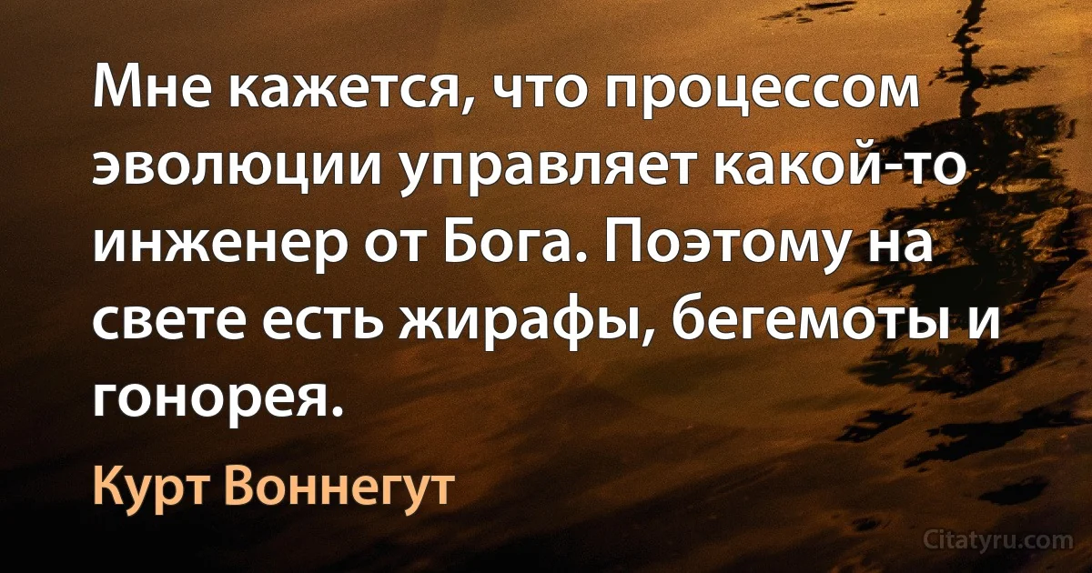 Мне кажется, что процессом эволюции управляет какой-то инженер от Бога. Поэтому на свете есть жирафы, бегемоты и гонорея. (Курт Воннегут)