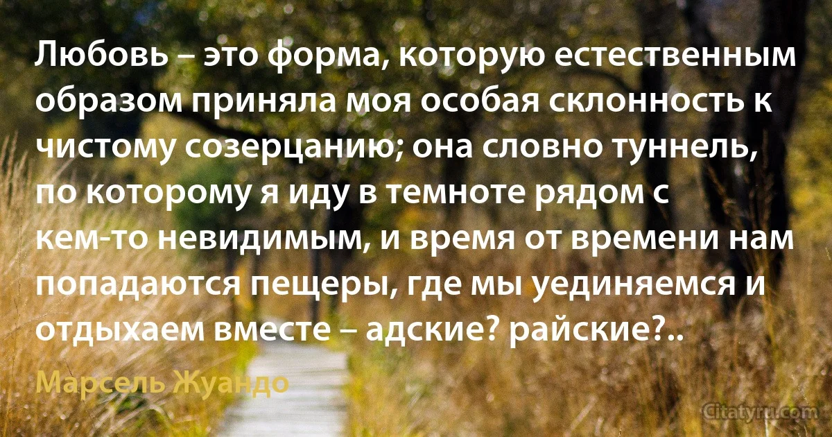 Любовь – это форма, которую естественным образом приняла моя особая склонность к чистому созерцанию; она словно туннель, по которому я иду в темноте рядом с кем-то невидимым, и время от времени нам попадаются пещеры, где мы уединяемся и отдыхаем вместе – адские? райские?.. (Марсель Жуандо)