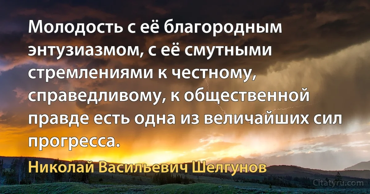 Молодость с её благородным энтузиазмом, с её смутными стремлениями к честному, справедливому, к общественной правде есть одна из величайших сил прогресса. (Николай Васильевич Шелгунов)