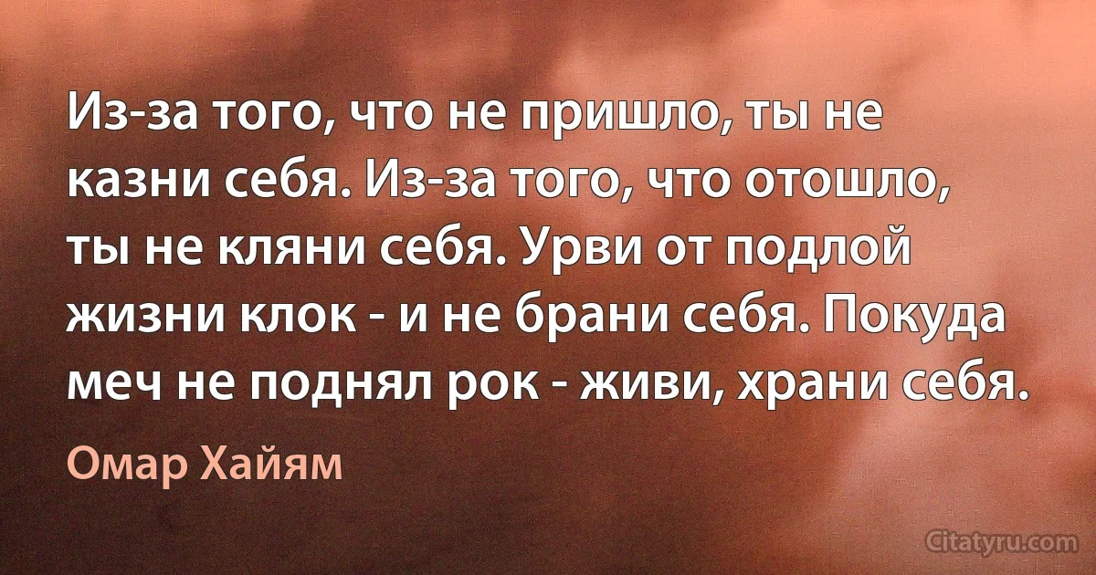 Из-за того, что не пришло, ты не казни себя. Из-за того, что отошло, ты не кляни себя. Урви от подлой жизни клок - и не брани себя. Покуда меч не поднял рок - живи, храни себя. (Омар Хайям)