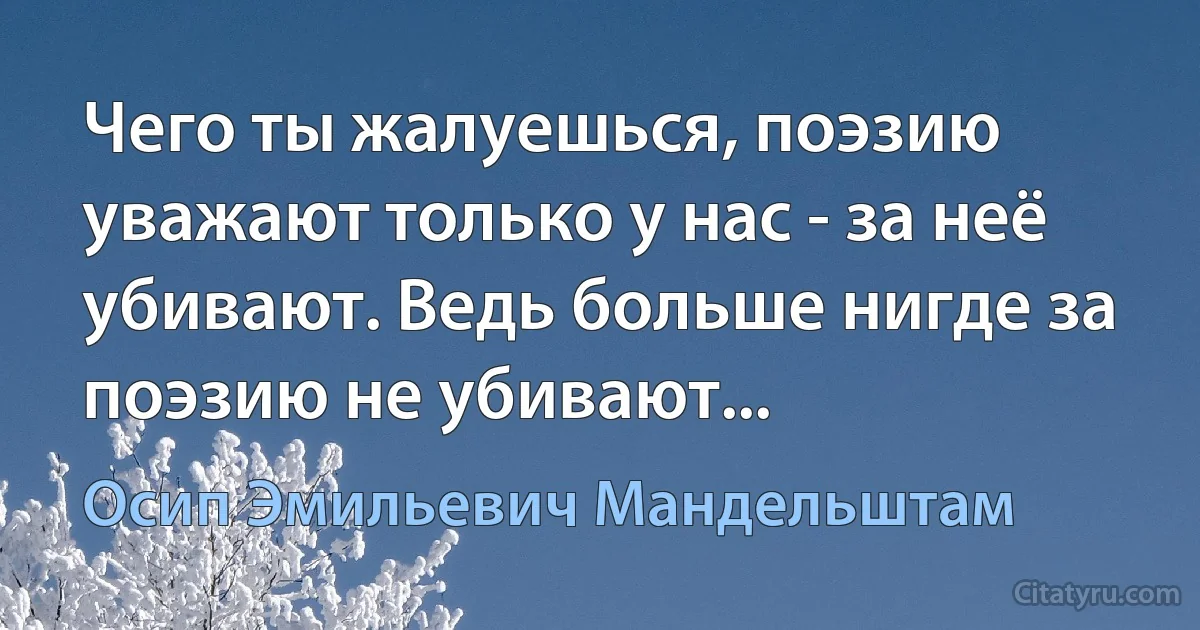 Чего ты жалуешься, поэзию уважают только у нас - за неё убивают. Ведь больше нигде за поэзию не убивают... (Осип Эмильевич Мандельштам)