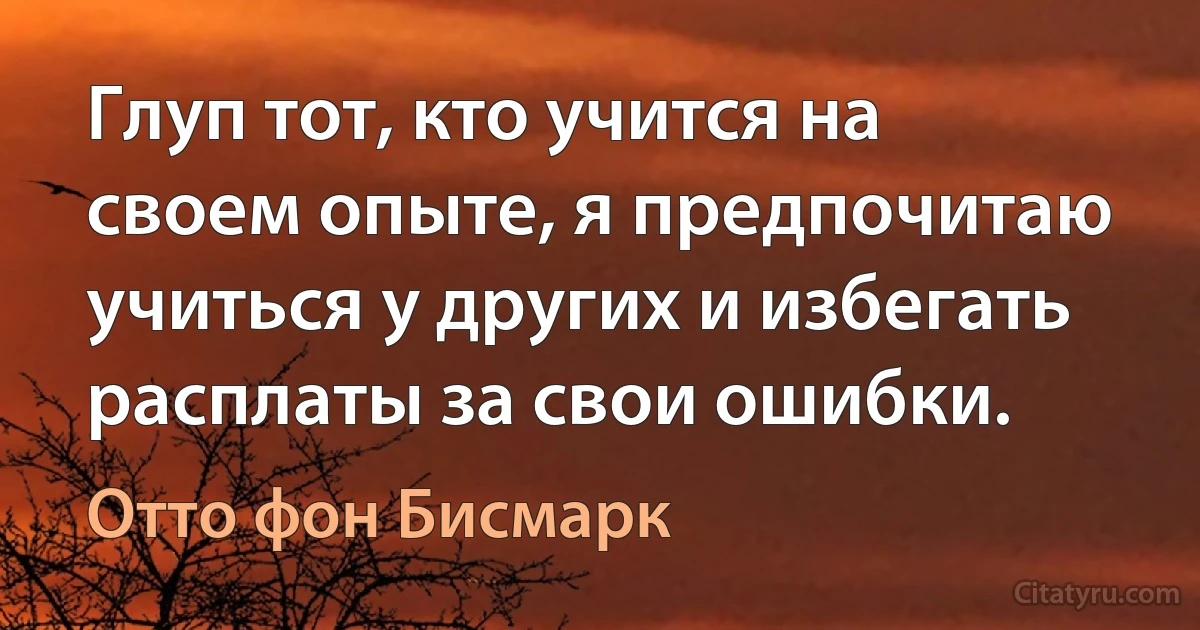 Глуп тот, кто учится на своем опыте, я предпочитаю учиться у других и избегать расплаты за свои ошибки. (Отто фон Бисмарк)