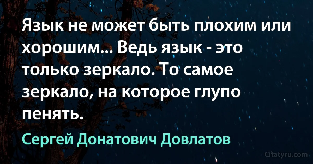 Язык не может быть плохим или хорошим... Ведь язык - это только зеркало. То самое зеркало, на которое глупо пенять. (Сергей Донатович Довлатов)