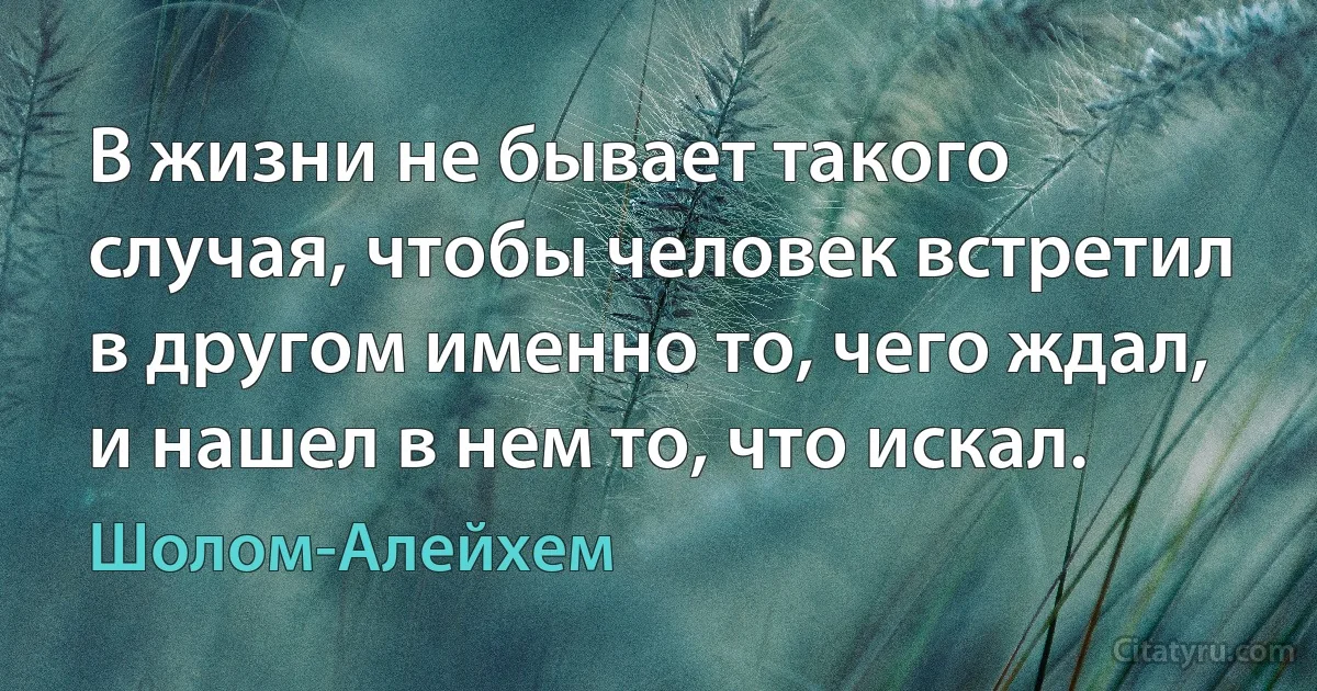 В жизни не бывает такого случая, чтобы человек встретил в другом именно то, чего ждал, и нашел в нем то, что искал. (Шолом-Алейхем)