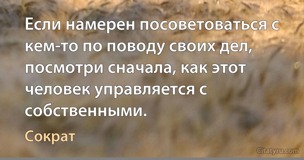 Если намерен посоветоваться с кем-то по поводу своих дел, посмотри сначала, как этот человек управляется с собственными. (Сократ)