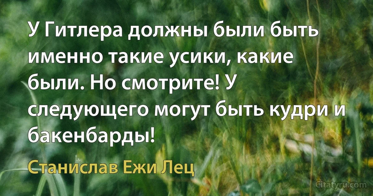 У Гитлера должны были быть именно такие усики, какие были. Но смотрите! У следующего могут быть кудри и бакенбарды! (Станислав Ежи Лец)