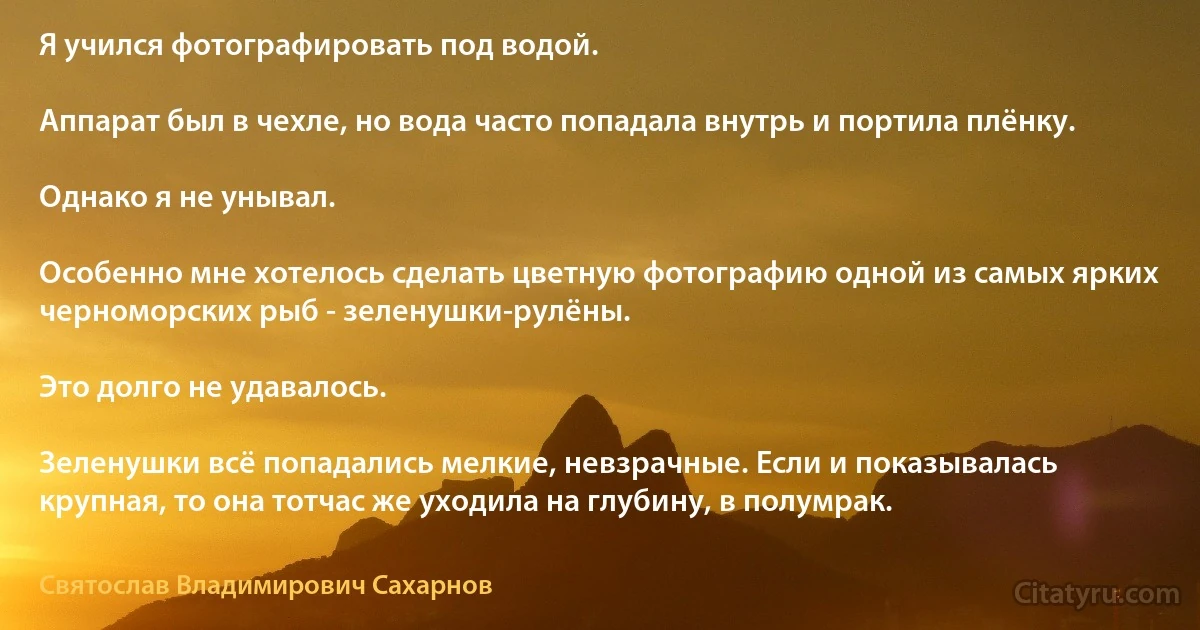 Я учился фотографировать под водой.

Аппарат был в чехле, но вода часто попадала внутрь и портила плёнку.

Однако я не унывал.

Особенно мне хотелось сделать цветную фотографию одной из самых ярких черноморских рыб - зеленушки-рулёны.

Это долго не удавалось.

Зеленушки всё попадались мелкие, невзрачные. Если и показывалась крупная, то она тотчас же уходила на глубину, в полумрак. (Святослав Владимирович Сахарнов)