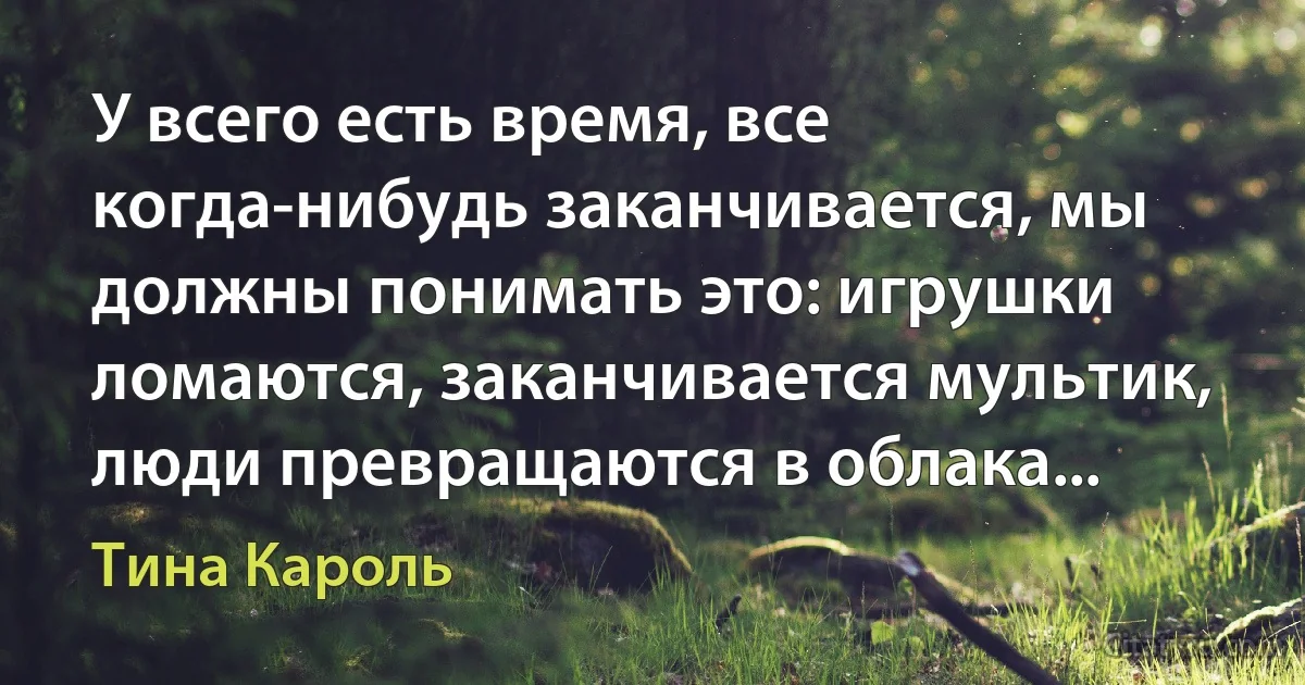 У всего есть время, все когда-нибудь заканчивается, мы должны понимать это: игрушки ломаются, заканчивается мультик, люди превращаются в облака... (Тина Кароль)