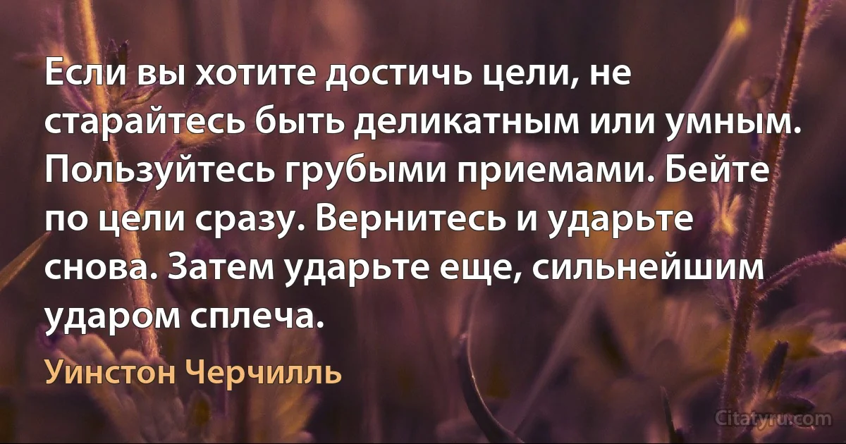 Если вы хотите достичь цели, не старайтесь быть деликатным или умным. Пользуйтесь грубыми приемами. Бейте по цели сразу. Вернитесь и ударьте снова. Затем ударьте еще, сильнейшим ударом сплеча. (Уинстон Черчилль)