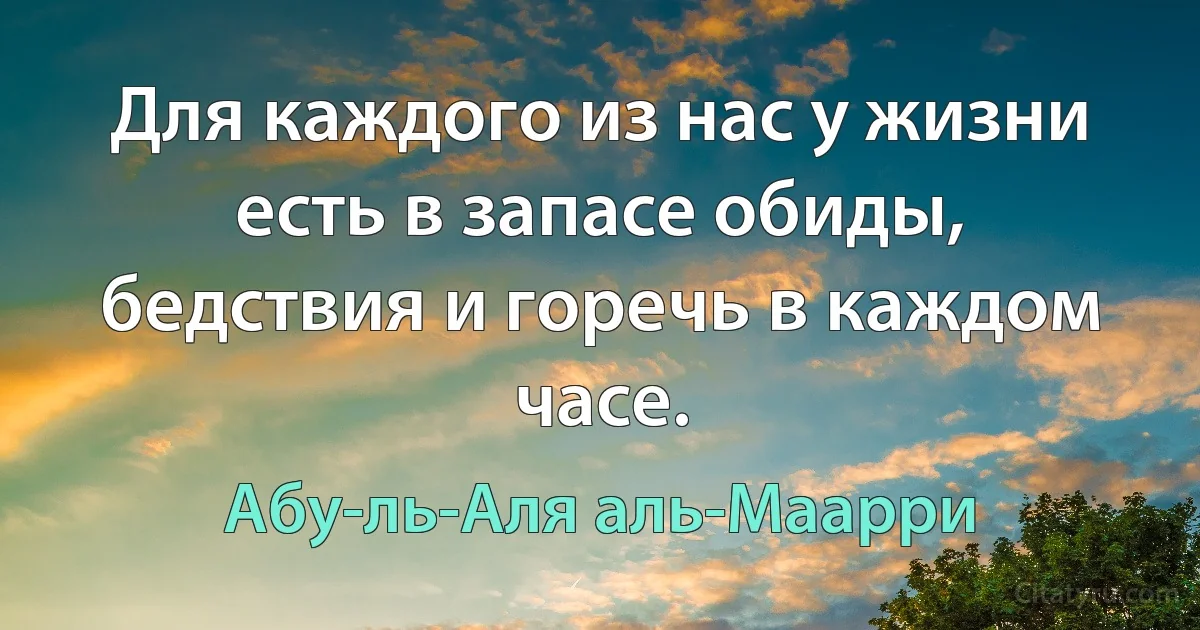 Для каждого из нас у жизни есть в запасе обиды, бедствия и горечь в каждом часе. (Абу-ль-Аля аль-Маарри)