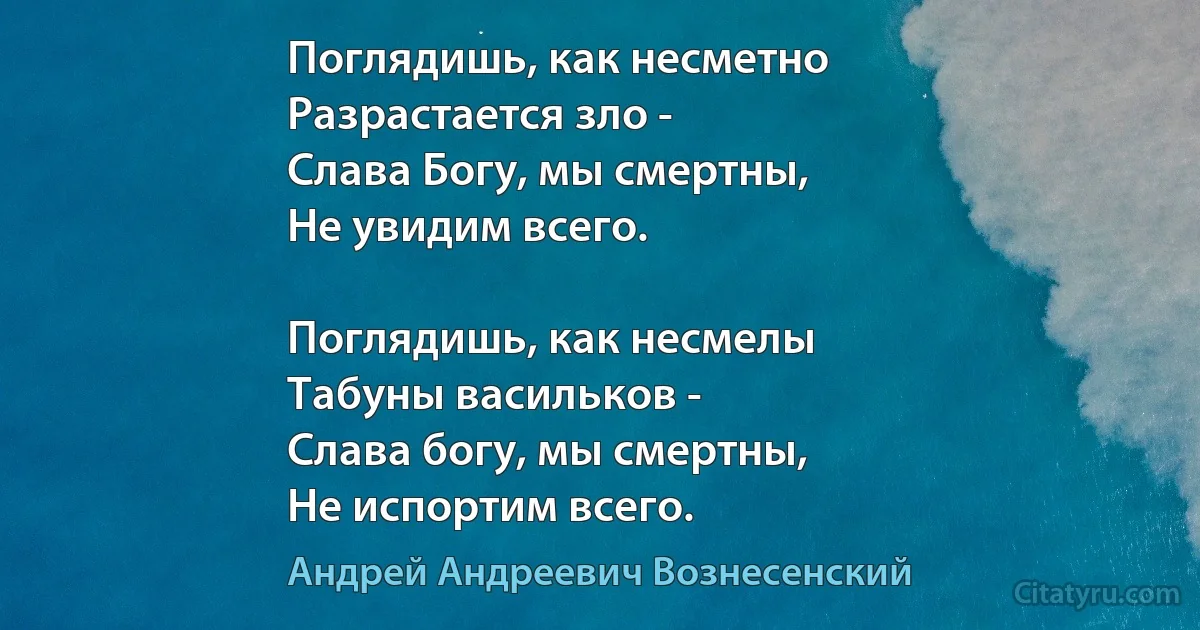 Поглядишь, как несметно
Разрастается зло -
Слава Богу, мы смертны,
Не увидим всего.

Поглядишь, как несмелы
Табуны васильков -
Слава богу, мы смертны,
Не испортим всего. (Андрей Андреевич Вознесенский)