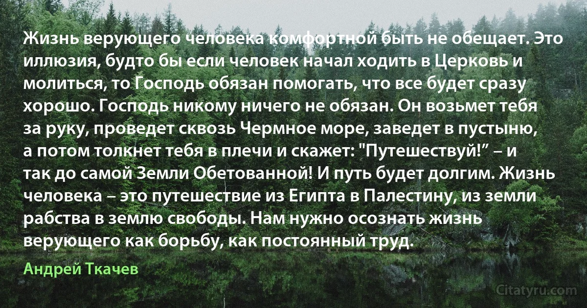 Жизнь верующего человека комфортной быть не обещает. Это иллюзия, будто бы если человек начал ходить в Церковь и молиться, то Господь обязан помогать, что все будет сразу хорошо. Господь никому ничего не обязан. Он возьмет тебя за руку, проведет сквозь Чермное море, заведет в пустыню, а потом толкнет тебя в плечи и скажет: "Путешествуй!” – и так до самой Земли Обетованной! И путь будет долгим. Жизнь человека – это путешествие из Египта в Палестину, из земли рабства в землю свободы. Нам нужно осознать жизнь верующего как борьбу, как постоянный труд. (Андрей Ткачев)