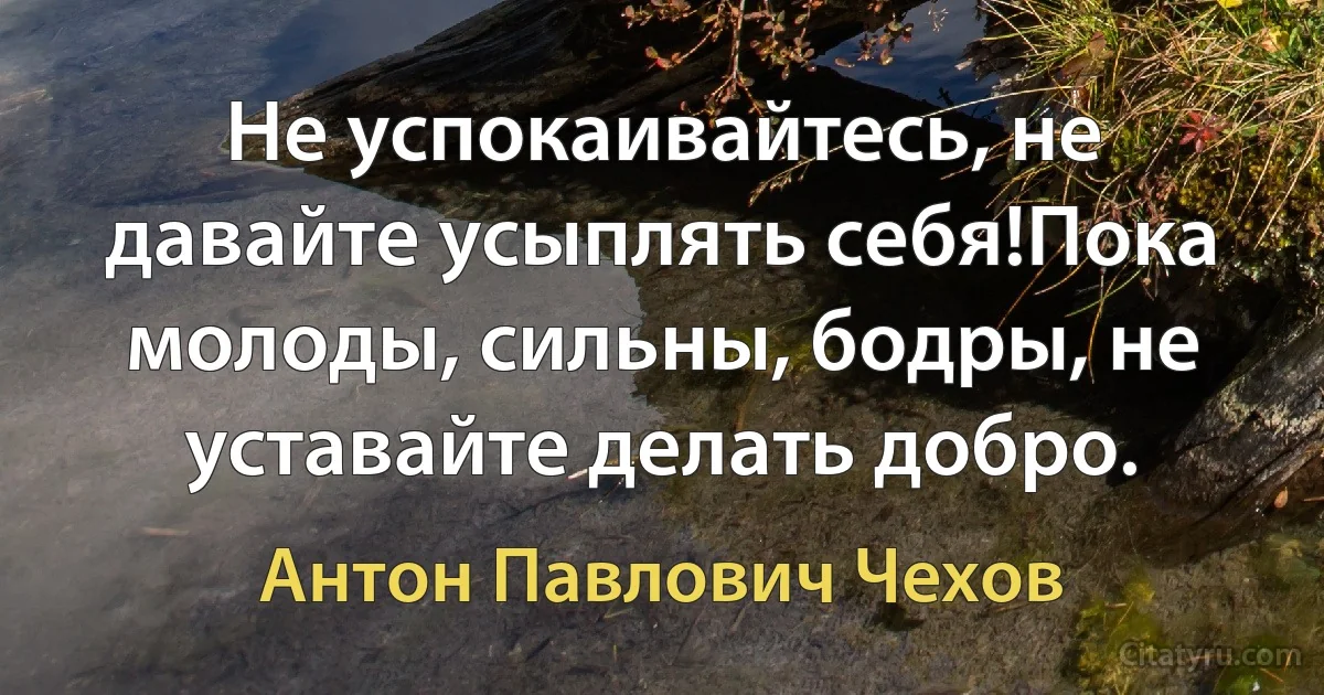 Не успокаивайтесь, не давайте усыплять себя!Пока молоды, сильны, бодры, не уставайте делать добро. (Антон Павлович Чехов)