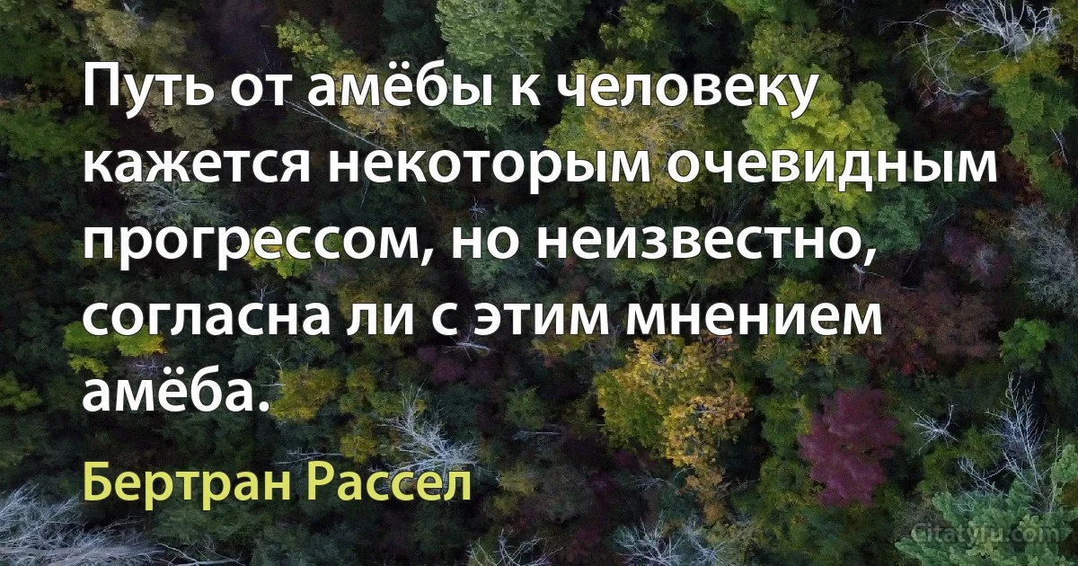 Путь от амёбы к человеку кажется некоторым очевидным прогрессом, но неизвестно, согласна ли с этим мнением амёба. (Бертран Рассел)