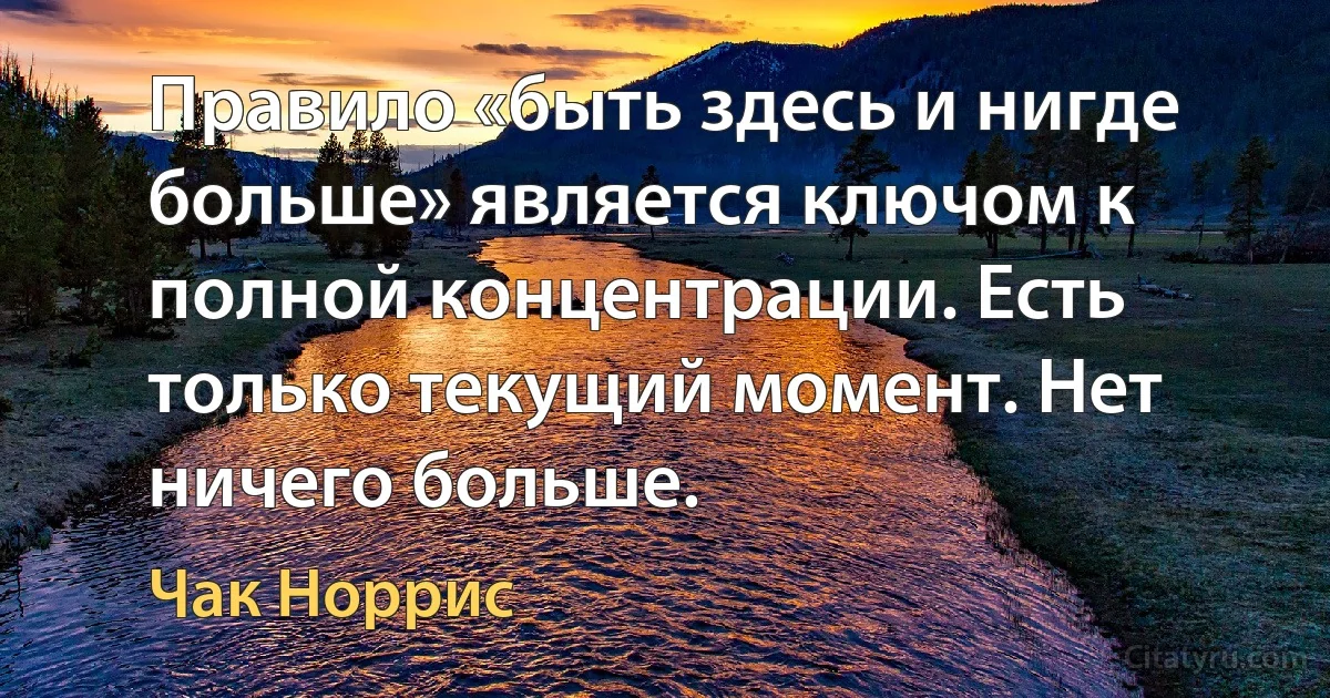 Правило «быть здесь и нигде больше» является ключом к полной концентрации. Есть только текущий момент. Нет ничего больше. (Чак Норрис)