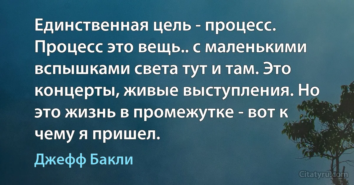 Единственная цель - процесс. Процесс это вещь.. с маленькими вспышками света тут и там. Это концерты, живые выступления. Но это жизнь в промежутке - вот к чему я пришел. (Джефф Бакли)