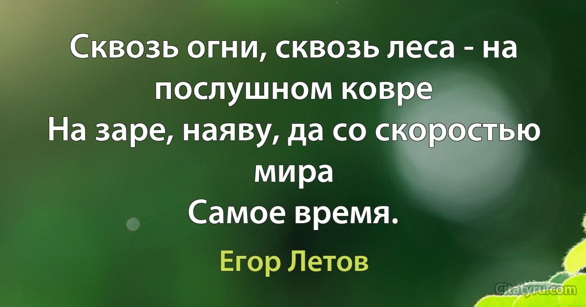 Сквозь огни, сквозь леса - на послушном ковре
На заре, наяву, да со скоростью мира
Самое время. (Егор Летов)