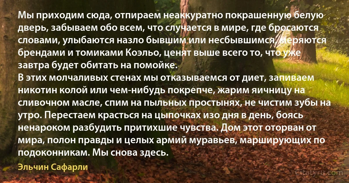 Мы приходим сюда, отпираем неаккуратно покрашенную белую дверь, забываем обо всем, что случается в мире, где бросаются словами, улыбаются назло бывшим или несбывшимся, меряются брендами и томиками Коэльо, ценят выше всего то, что уже завтра будет обитать на помойке.
В этих молчаливых стенах мы отказываемся от диет, запиваем никотин колой или чем-нибудь покрепче, жарим яичницу на сливочном масле, спим на пыльных простынях, не чистим зубы на утро. Перестаем красться на цыпочках изо дня в день, боясь ненароком разбудить притихшие чувства. Дом этот оторван от мира, полон правды и целых армий муравьев, марширующих по подоконникам. Мы снова здесь. (Эльчин Сафарли)