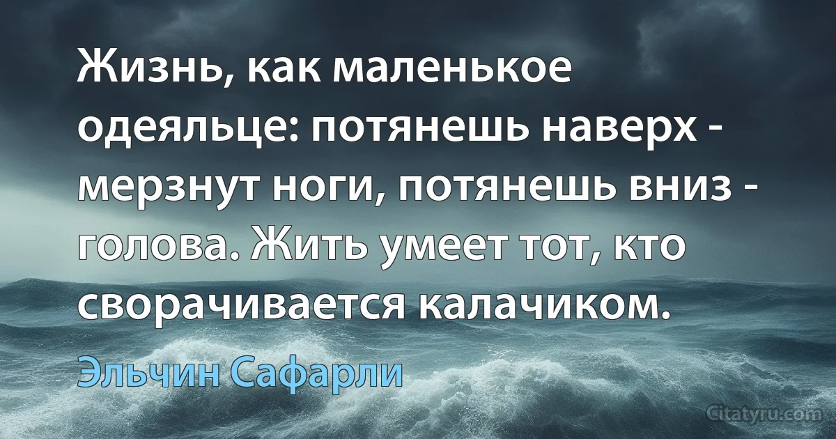 Жизнь, как маленькое одеяльце: потянешь наверх - мерзнут ноги, потянешь вниз - голова. Жить умеет тот, кто сворачивается калачиком. (Эльчин Сафарли)