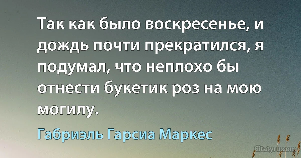 Так как было воскресенье, и дождь почти прекратился, я подумал, что неплохо бы отнести букетик роз на мою могилу. (Габриэль Гарсиа Маркес)