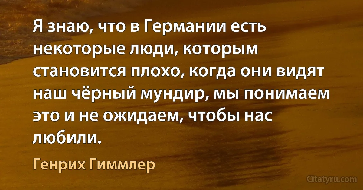 Я знаю, что в Германии есть некоторые люди, которым становится плохо, когда они видят наш чёрный мундир, мы понимаем это и не ожидаем, чтобы нас любили. (Генрих Гиммлер)