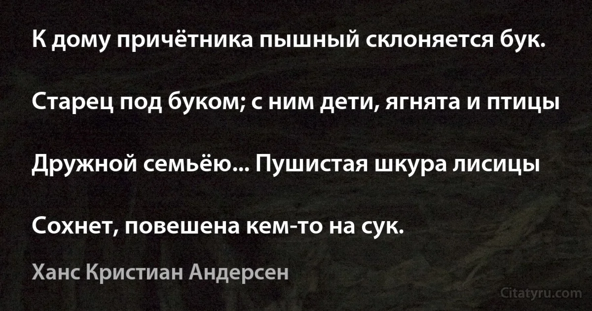 К дому причётника пышный склоняется бук.

Старец под буком; с ним дети, ягнята и птицы

Дружной семьёю... Пушистая шкура лисицы

Сохнет, повешена кем-то на сук. (Ханс Кристиан Андерсен)