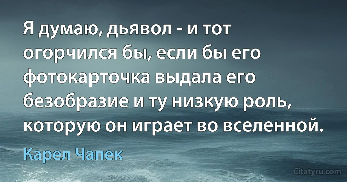 Я думаю, дьявол - и тот огорчился бы, если бы его фотокарточка выдала его безобразие и ту низкую роль, которую он играет во вселенной. (Карел Чапек)