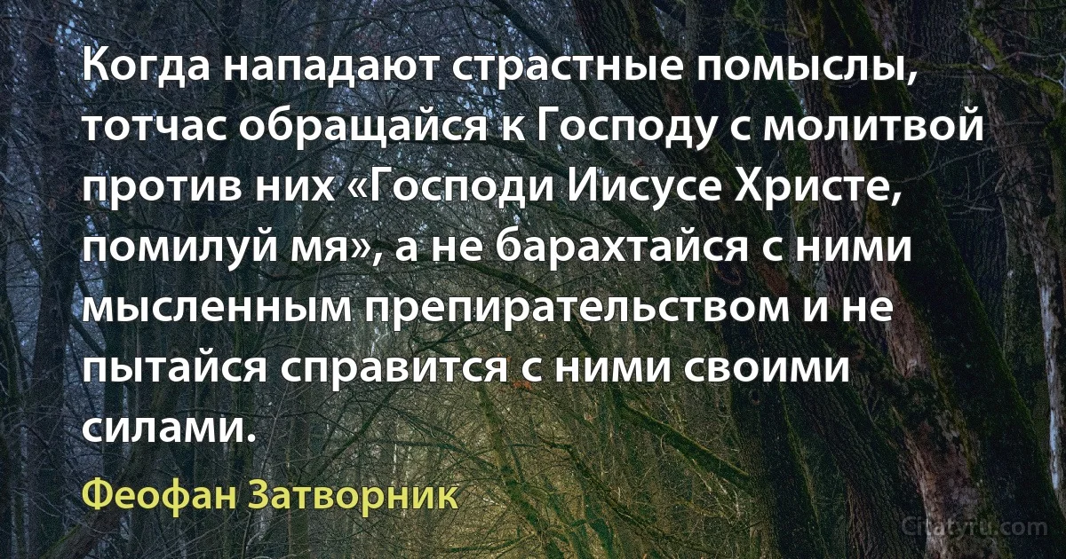 Когда нападают страстные помыслы, тотчас обращайся к Господу с молитвой против них «Господи Иисусе Христе, помилуй мя», а не барахтайся с ними мысленным препирательством и не пытайся справится с ними своими силами. (Феофан Затворник)