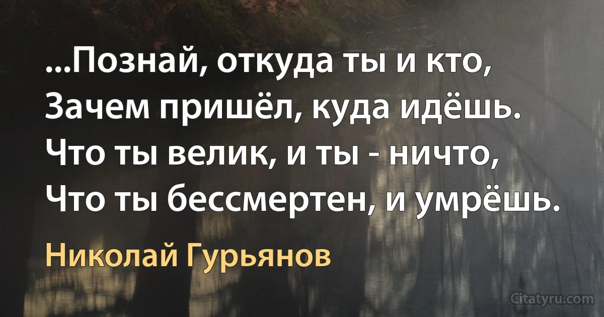 ...Познай, откуда ты и кто,
Зачем пришёл, куда идёшь.
Что ты велик, и ты - ничто,
Что ты бессмертен, и умрёшь. (Николай Гурьянов)