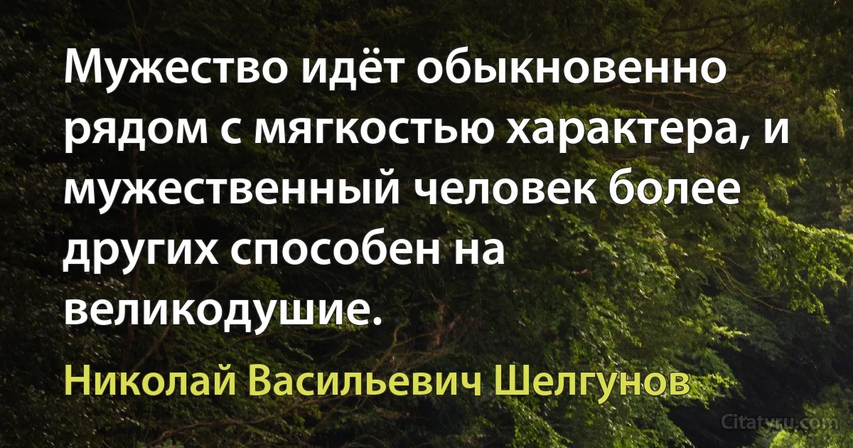 Мужество идёт обыкновенно рядом с мягкостью характера, и мужественный человек более других способен на великодушие. (Николай Васильевич Шелгунов)