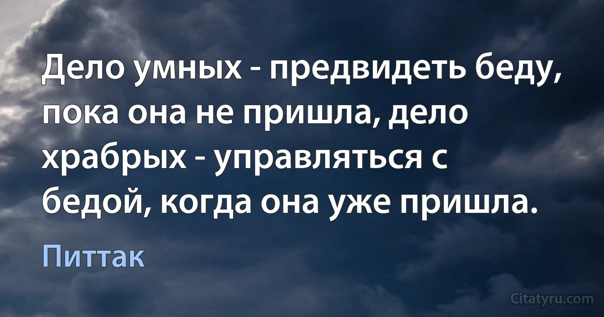 Дело умных - предвидеть беду, пока она не пришла, дело храбрых - управляться с бедой, когда она уже пришла. (Питтак)