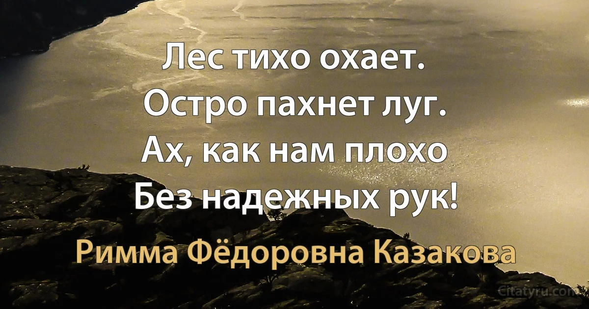 Лес тихо охает.
Остро пахнет луг.
Ах, как нам плохо
Без надежных рук! (Римма Фёдоровна Казакова)