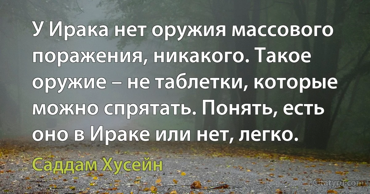 У Ирака нет оружия массового поражения, никакого. Такое оружие – не таблетки, которые можно спрятать. Понять, есть оно в Ираке или нет, легко. (Саддам Хусейн)