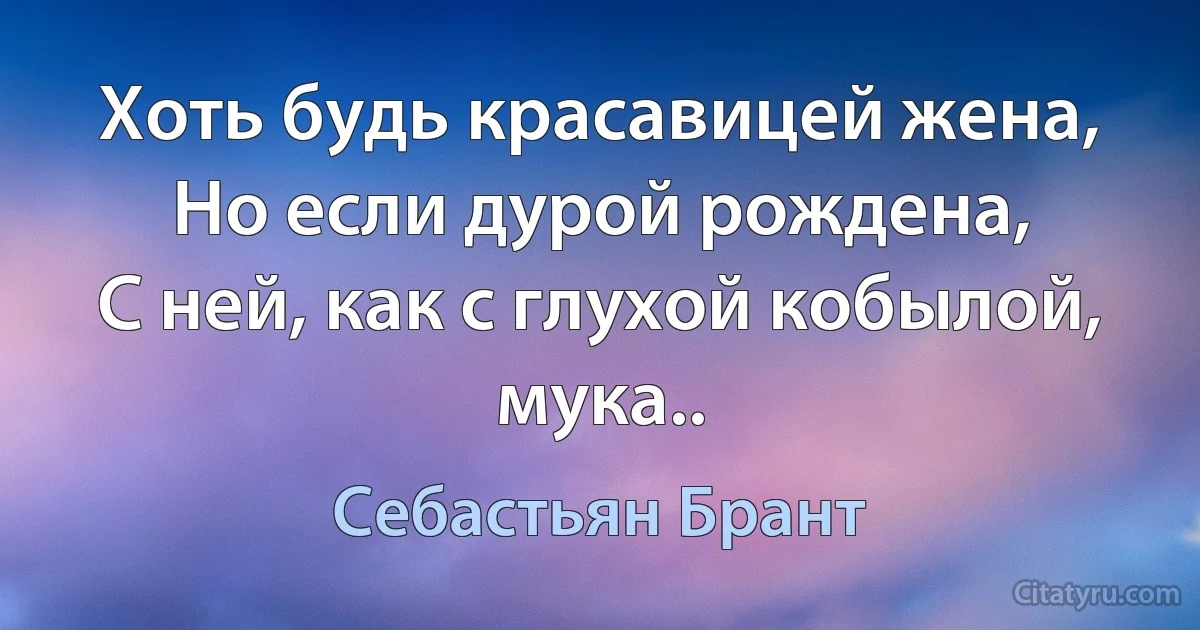 Хоть будь красавицей жена,
Но если дурой рождена,
С ней, как с глухой кобылой, мука.. (Себастьян Брант)