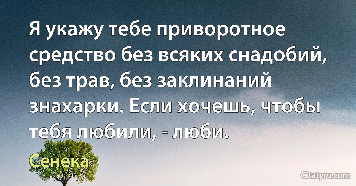 Я укажу тебе приворотное средство без всяких снадобий, без трав, без заклинаний знахарки. Если хочешь, чтобы тебя любили, - люби. (Сенека)