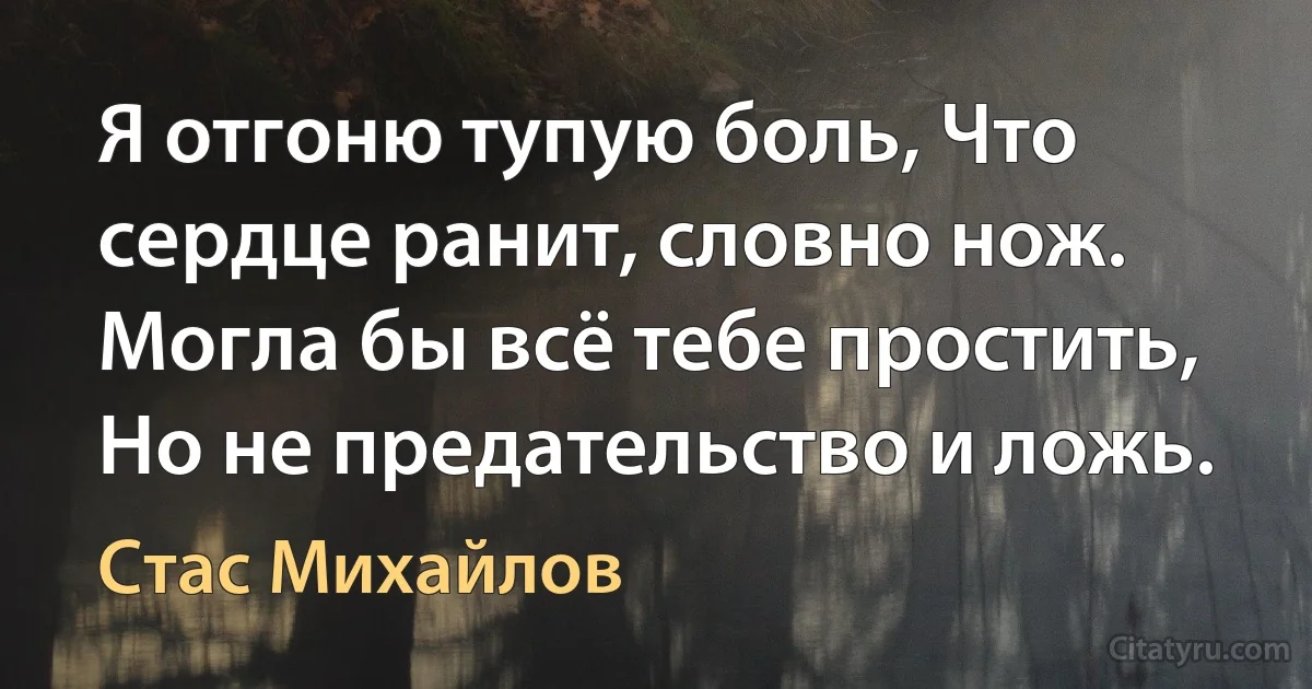 Я отгоню тупую боль, Что сердце ранит, словно нож. Могла бы всё тебе простить, Но не предательство и ложь. (Стас Михайлов)