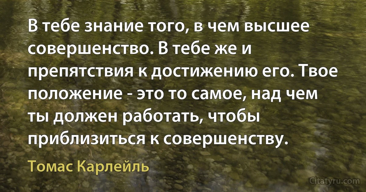 В тебе знание того, в чем высшее совершенство. В тебе же и препятствия к достижению его. Твое положение - это то самое, над чем ты должен работать, чтобы приблизиться к совершенству. (Томас Карлейль)