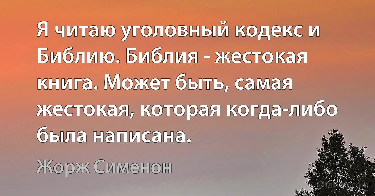 Я читаю уголовный кодекс и Библию. Библия - жестокая книга. Может быть, самая жестокая, которая когда-либо была написана. (Жорж Сименон)