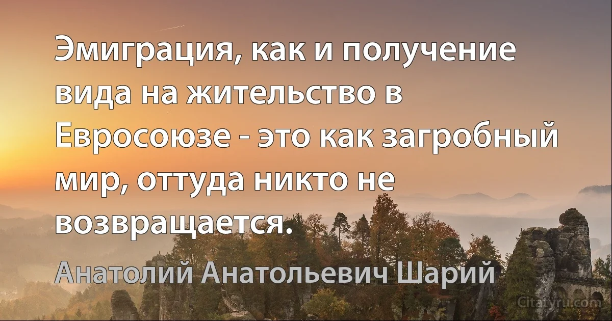 Эмиграция, как и получение вида на жительство в Евросоюзе - это как загробный мир, оттуда никто не возвращается. (Анатолий Анатольевич Шарий)