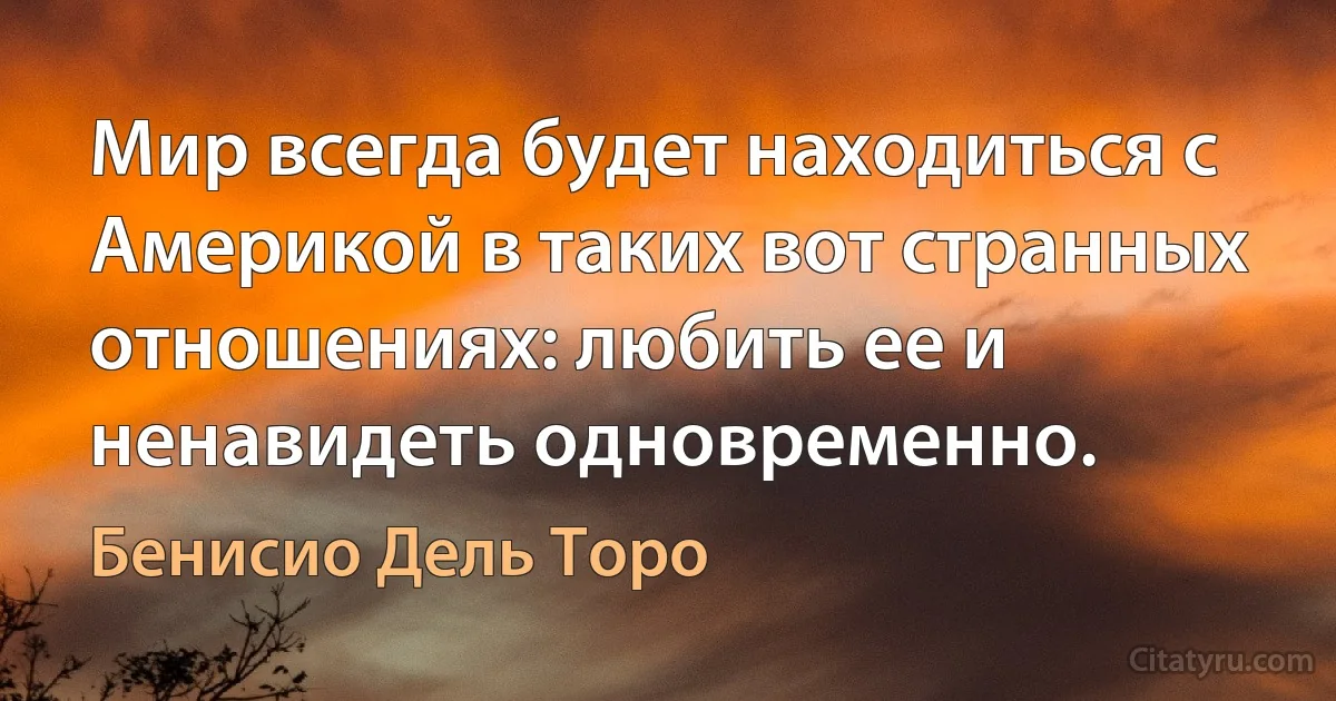 Мир всегда будет находиться с Америкой в таких вот странных отношениях: любить ее и ненавидеть одновременно. (Бенисио Дель Торо)