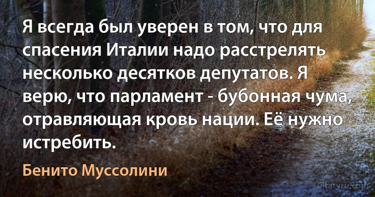 Я всегда был уверен в том, что для спасения Италии надо расстрелять несколько десятков депутатов. Я верю, что парламент - бубонная чума, отравляющая кровь нации. Её нужно истребить. (Бенито Муссолини)