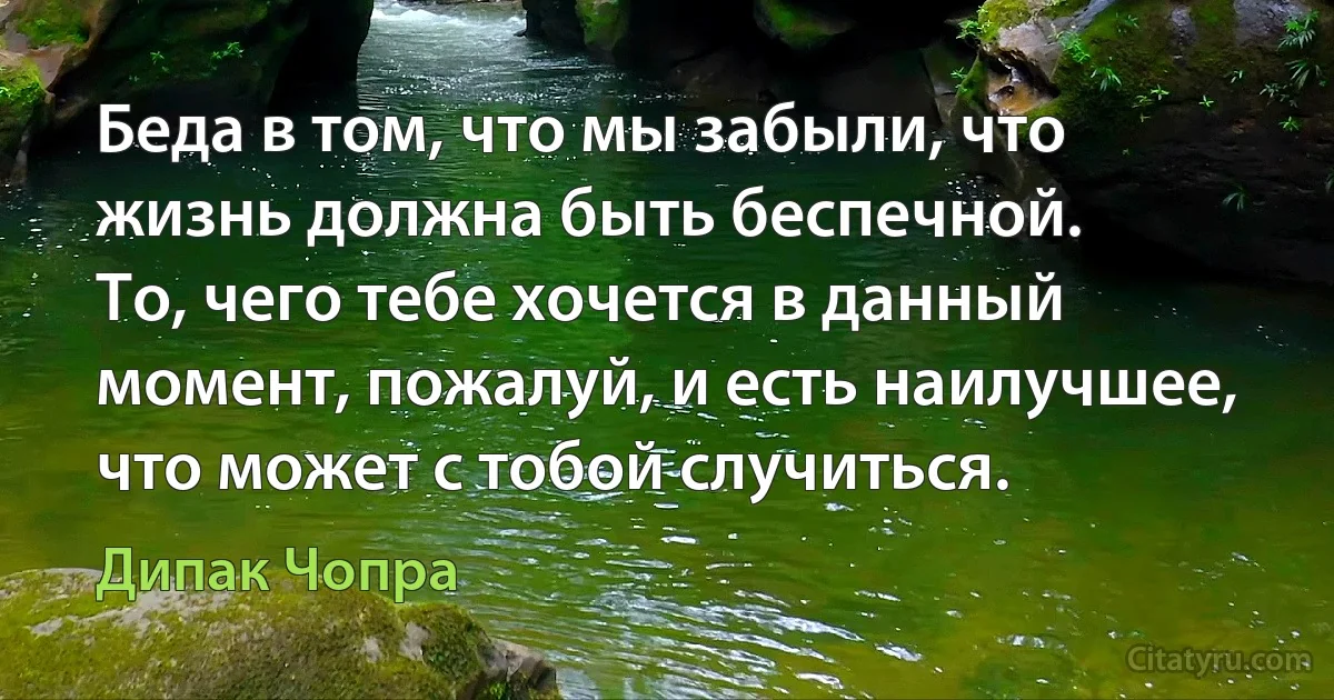 Беда в том, что мы забыли, что жизнь должна быть беспечной.
То, чего тебе хочется в данный момент, пожалуй, и есть наилучшее, что может с тобой случиться. (Дипак Чопра)