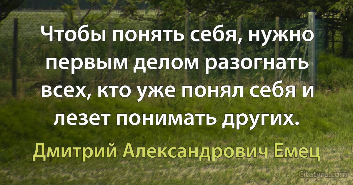 Чтобы понять себя, нужно первым делом разогнать всех, кто уже понял себя и лезет понимать других. (Дмитрий Александрович Емец)