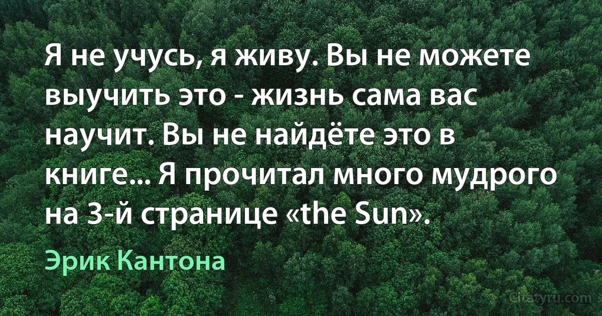 Я не учусь, я живу. Вы не можете выучить это - жизнь сама вас научит. Вы не найдёте это в книге... Я прочитал много мудрого на 3-й странице «the Sun». (Эрик Кантона)