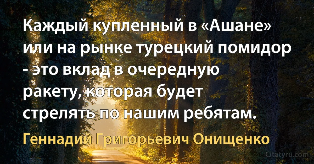 Каждый купленный в «Ашане» или на рынке турецкий помидор - это вклад в очередную ракету, которая будет стрелять по нашим ребятам. (Геннадий Григорьевич Онищенко)