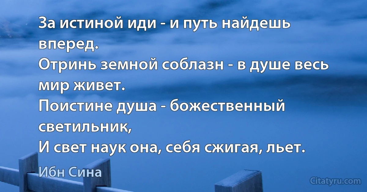 За истиной иди - и путь найдешь вперед.
Отринь земной соблазн - в душе весь мир живет.
Поистине душа - божественный светильник,
И свет наук она, себя сжигая, льет. (Ибн Сина)