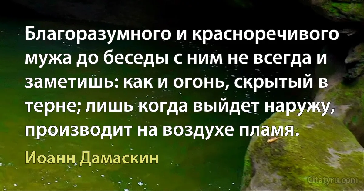 Благоразумного и красноречивого мужа до беседы с ним не всегда и заметишь: как и огонь, скрытый в терне; лишь когда выйдет наружу, производит на воздухе пламя. (Иоанн Дамаскин)