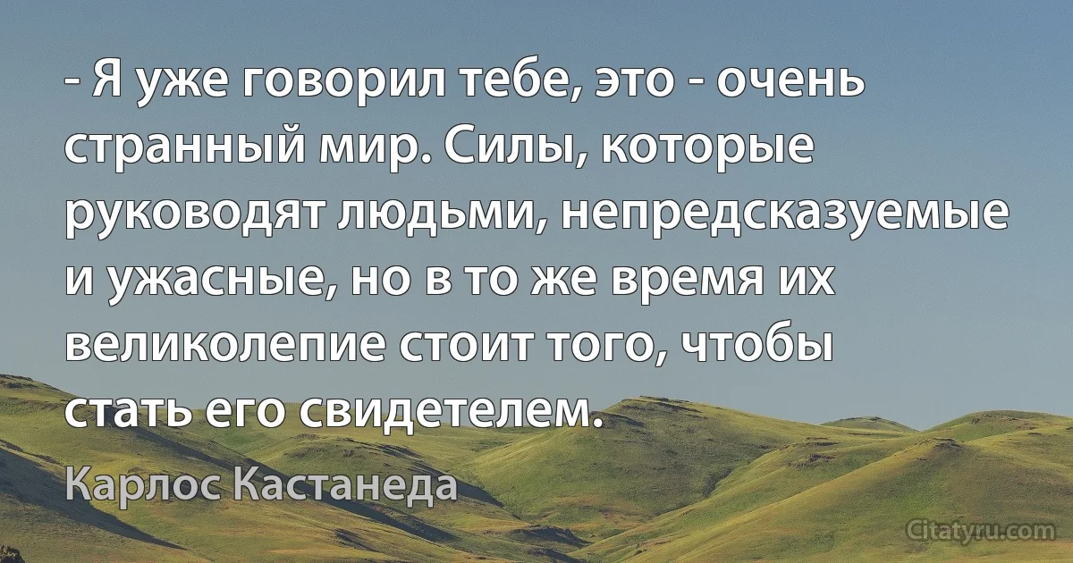 - Я уже говорил тебе, это - очень странный мир. Силы, которые руководят людьми, непредсказуемые и ужасные, но в то же время их великолепие стоит того, чтобы стать его свидетелем. (Карлос Кастанеда)