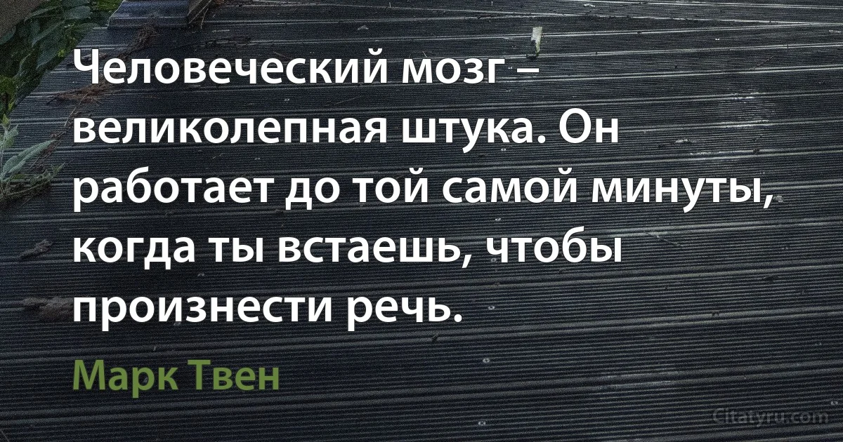 Человеческий мозг – великолепная штука. Он работает до той самой минуты, когда ты встаешь, чтобы произнести речь. (Марк Твен)